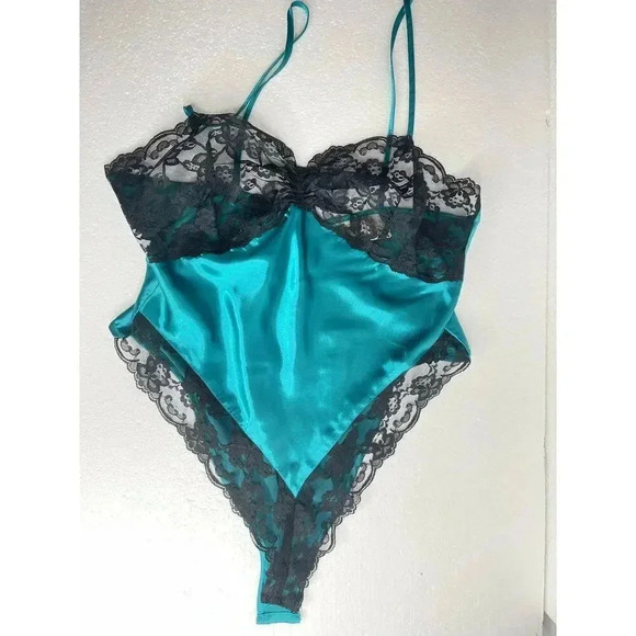 Vintage Victoria’s Secret Gold label Satin Lace Lingerie Teddy size S Teal/Black - Picture 8 of 10